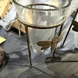 Dragonflies Footed Candle Holder Vase Glass With Metal Stand