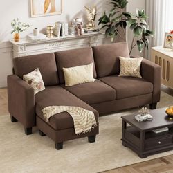 New Modern 79”Convertible Modular Sofa, Modern Linen Fabric L Shape Sofa, 3 Seater with Reversible Ottoman for Small Spaces  New in box US50 Brown * W
