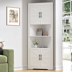 Corner Cabinet 67” Tall, Farmhouse Corner Cabinet with Doors and 5 Shelves, Bathroom Cabinet Organizer Home Space Saver for Kitchen, Living Room, Whit