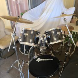 Drums / Drum Set Sound Percussion 5 Pc Drum Set in a Black Plastic ⚫️  Wrap complete withBass Pedal, Cymbals and Hi-Hats , Hardware / Stands , Sticks 