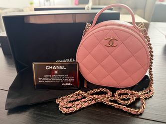 CHANEL Pink Caviar Quilted Round Vanity Case with Chain