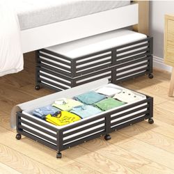Bamboo Under Bed Storage with Wheels Rolling Underbed Drawer with Lids 360° Lockable Wheels