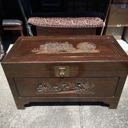 Antique Early 1900S Great Condition Handcarved Scenery Cedar Chest. Retail values over $400.