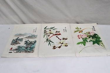3 Chinese watercolor on silk panels (15.68"x9.63" ea), signed