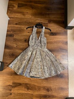 Brand New Woman’s Bebe brand Black and Gold Deep V Jacquard Fit +Flare Dress Up For Sale