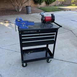 Four Drawer Tool Box With Table Grinder and Swivel Vise