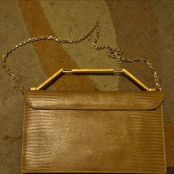 Gold Tone Embossed Animal Print Clutch Top Handle Chain Strap Snap Lined