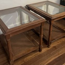 Beautiful Pair MCM Wood End Tables With Glass Inlay