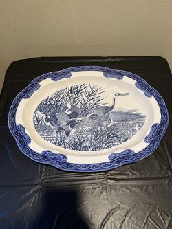 Vintage Japan Blue White Transferware With Cranes & Reeds 18” X 14” Serving Tray