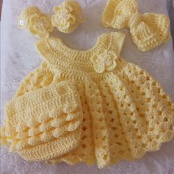 Crochet Baby Girl Yellow Heirloom Dress Set Photo Prop Shipping Available