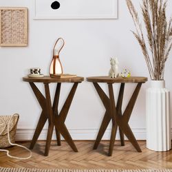 AHOKUA Farmhouse Round End Table Set of 2 with MDF Top and Crossed Legs