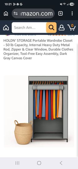 HOLDN’ STORAGE Portable Wardrobe Closet - 50 lb Capacity, Internal Heavy Duty Metal Rod, Zipper & Clear Window, Durable Clothes Organizer, Tool-Free E
