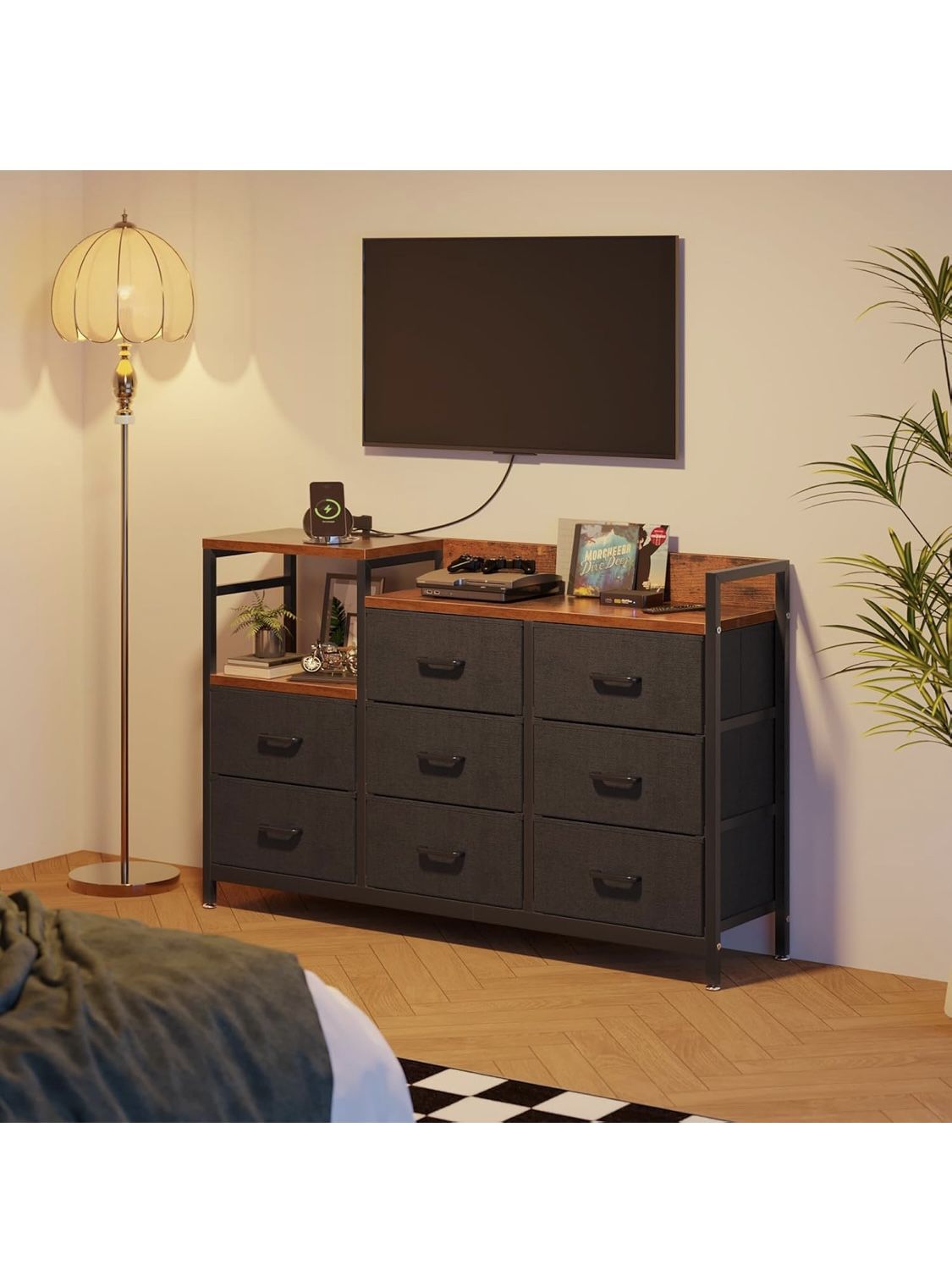 Dresser with Charging Station, 52-Inch Long Dresser for Bedroom with 8 Storage Drawers, Fabric Dressers