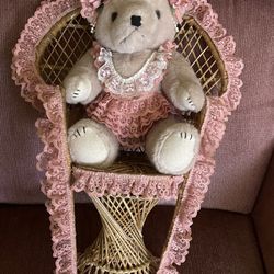 Bearly People 1990s Teddy Bear Plush Victorian Lace with Wicker Chair -Excellent
