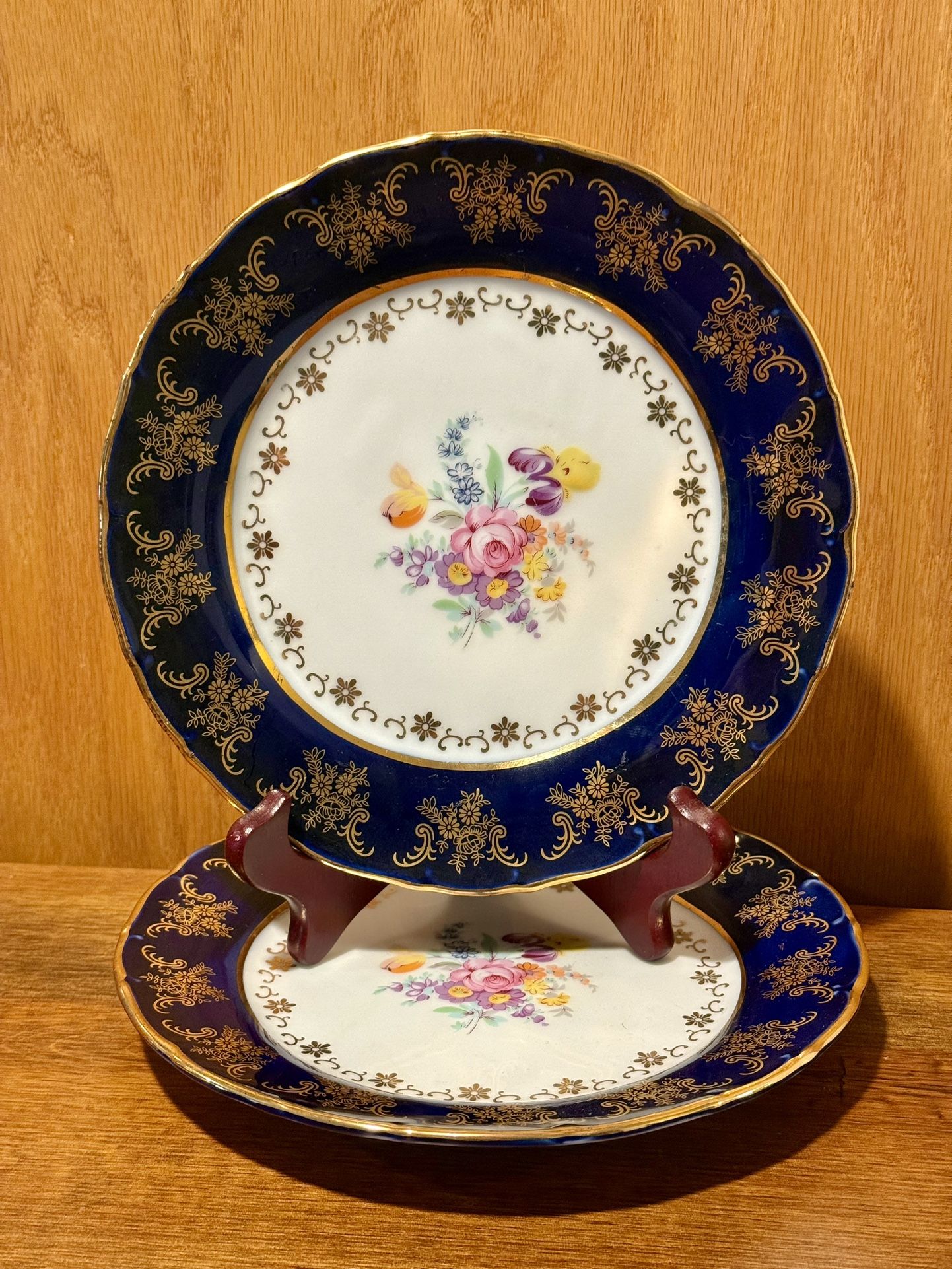 SET OF 2 ANTIQUE 1940s YS YAU SHING FINE PIRCELAIN COBALT BLUE GOLD FLORAL PLATE
