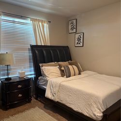 Queen Sleigh Bedroom Set – Solid Wood + Real Leather Headboard