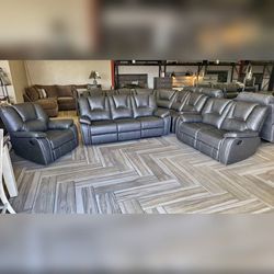 3- Pieces Gray Breathable leather manual recliner sofa set