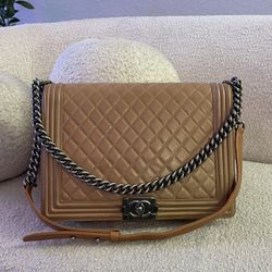 CHANEL Lambskin Quilted Large Boy Flap Dark Beige