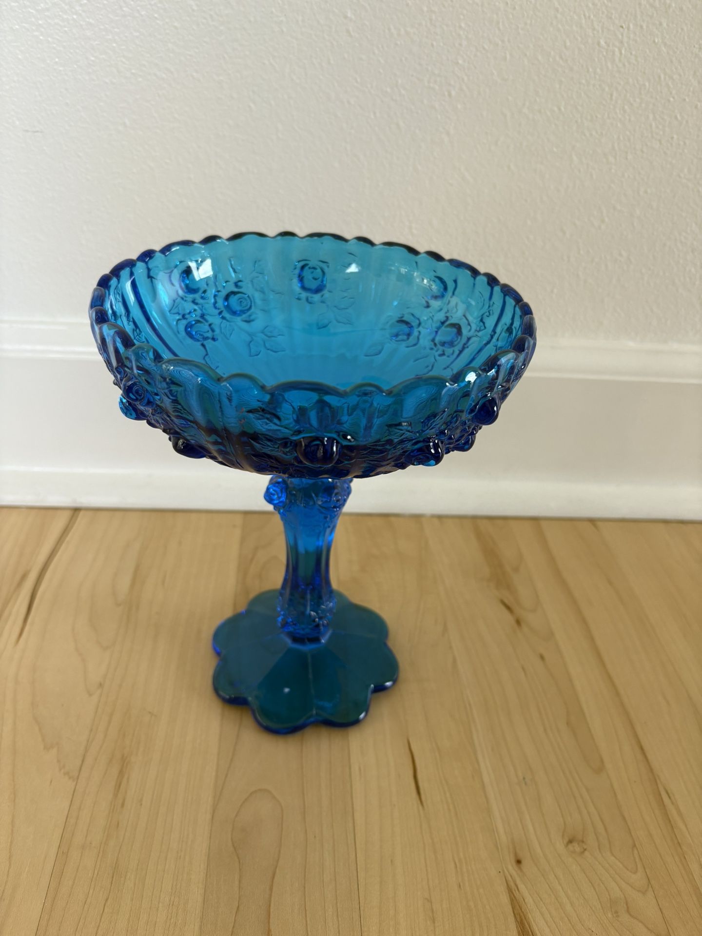 Vintage FENTON GLASS Cabbage Rose Pattern Compote Bowl Blue Glass Candy Dish