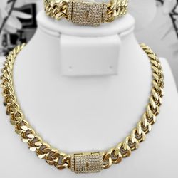 Women 14K Gold Plated Cz Cuban Choker Chain Necklace And Bracelet Set  Monaco