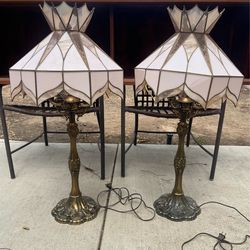 Stunning Vintage Brass & Stained Glass Dusty Rose Pink Lamps