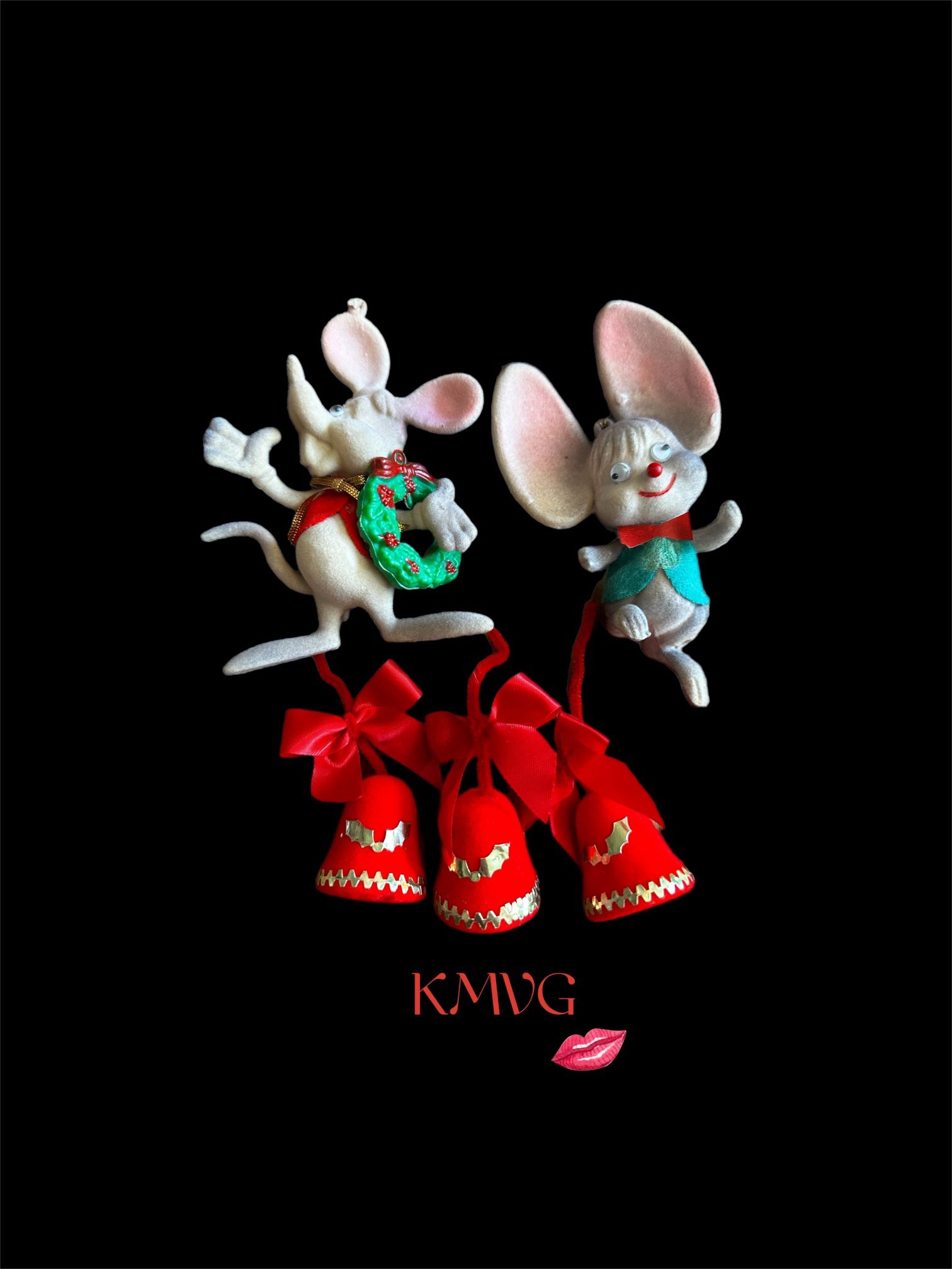 5 Vintage Christmas Tree Ornaments 2 Large Ear Mouse & 3 Handmade Bells