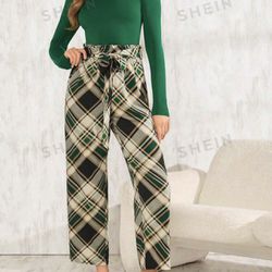 SHEIN Clasi Ladies' Long Sleeve T-shirt And Plaid Pants Set