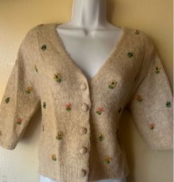 Women's Zara beige fuzzy cardigan with flowers and beads, size L