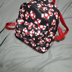 Disney Parks Minnie Mouse Polka Dot Bows Mini Backpack Bag Black Red Faux Leather