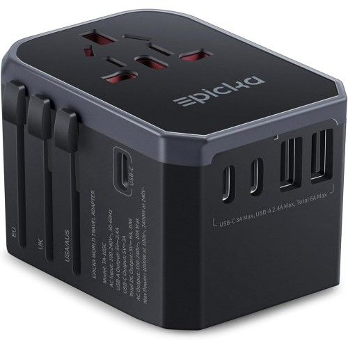 EPICKA Universal Travel Adapter, International Power Plug Adapter with 3 USB-C and 2 USB-A Ports (TA-105C, Black)