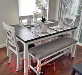 White Solid Wood Dining Table Set With Chairs And Bench 