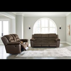 Brynn reclining sofa and reclining love seat with console set, brown 