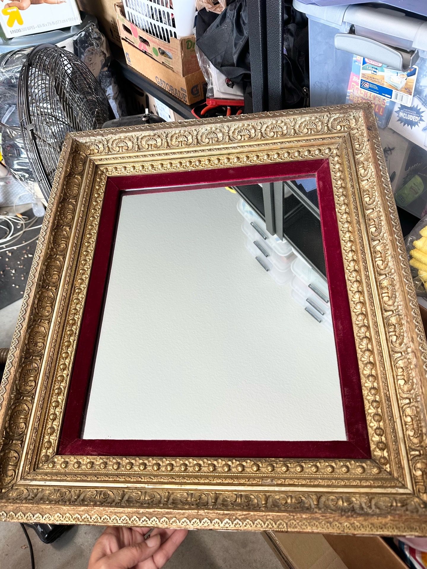 Victorian Gold and Red Velvet Ornate Wooden Mirror Vintage Antique