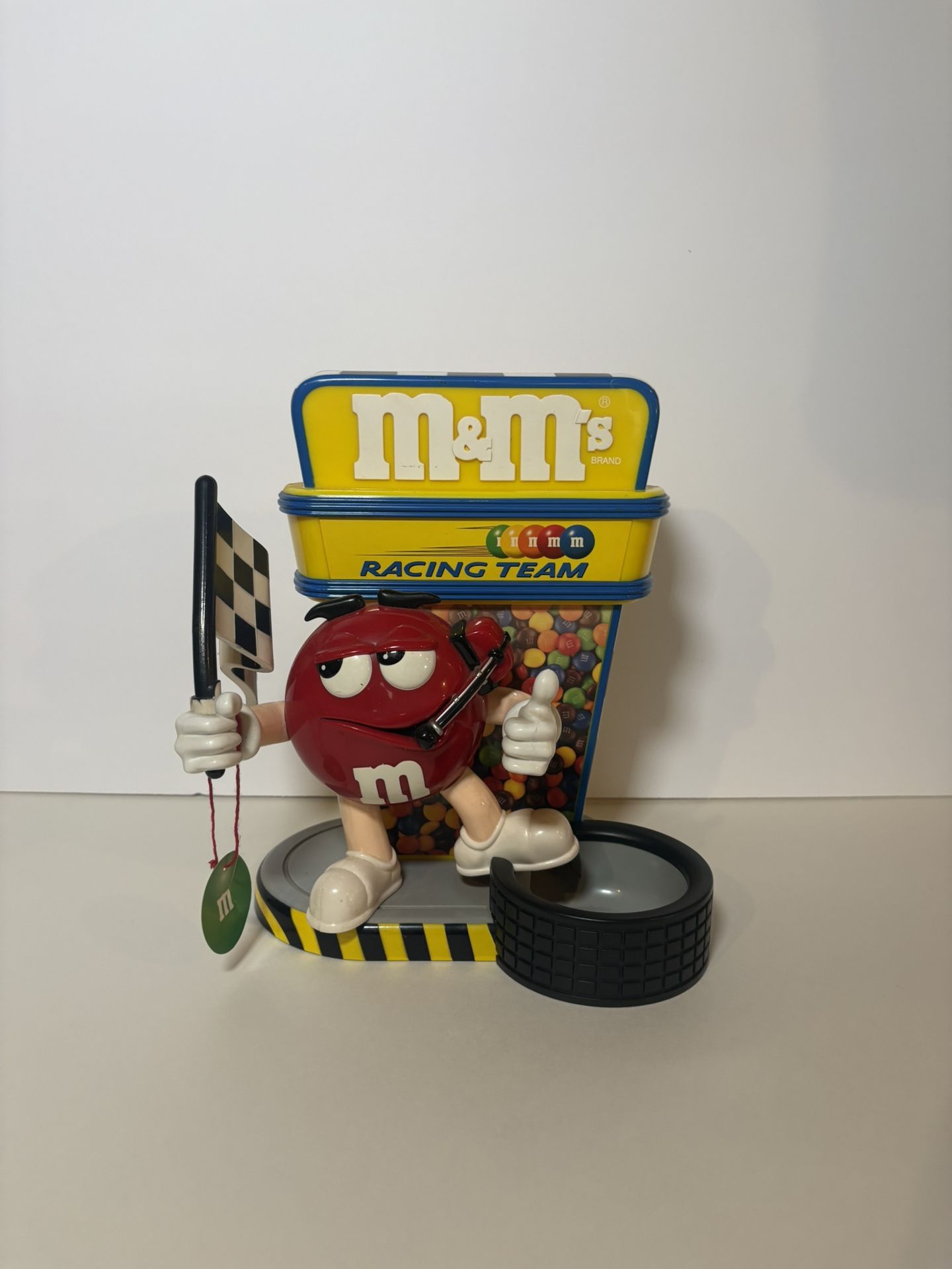 Vintage M&M's Racing Team Red NASCAR Pit Crew Candy Dispenser w/ Checkered Flag