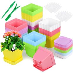 Amyhill 160 Pcs 4 Inch Nursery Pots with Saucer Plastic Square Planting Pots Multi Colored Seed Starting Pots for Flower Succulent Transplanting Indoo