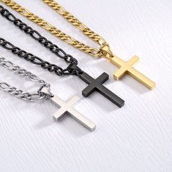 Layered Gold Cross Necklaces for Men Boys Stainless Steel Cuban Figaro Pendant Chain Set Religious Christian Birthday First Communion Graduation Fathe
