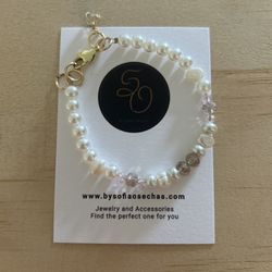 Dainty Bracelet With Regular Pearls, Fresh Water Pearl And Light Pink Stones