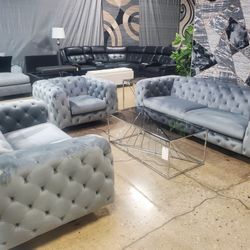 Beautiful Gray Tufted 3 Pc Sofa Loveseat And Chair (New)
