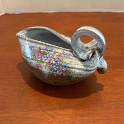 Artist Clay Sauce Boat 6 1/2“ X 4“ Pink Blue Painted Flowers B2