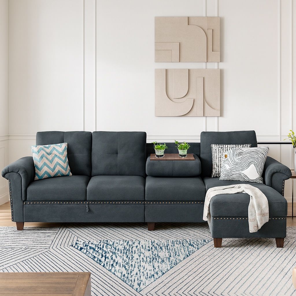 New ModeL-Shaped Reversible Sectional Sofa, Convertible Couch with Storage Loungers and Cup Holders, 4 Seater Sectional Sofas with Reversible Chaise L