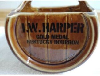I.W. Harper Bourbon half ceramic barrel handled display caddy