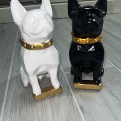Modern French Bulldog Figurine Set - Black & White with Gold Studded Collars
