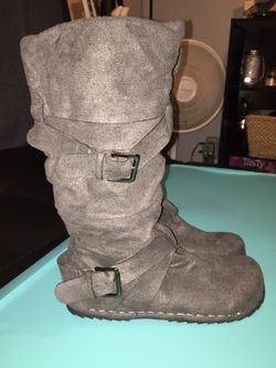Grey Suede Combat Boots With Buckles