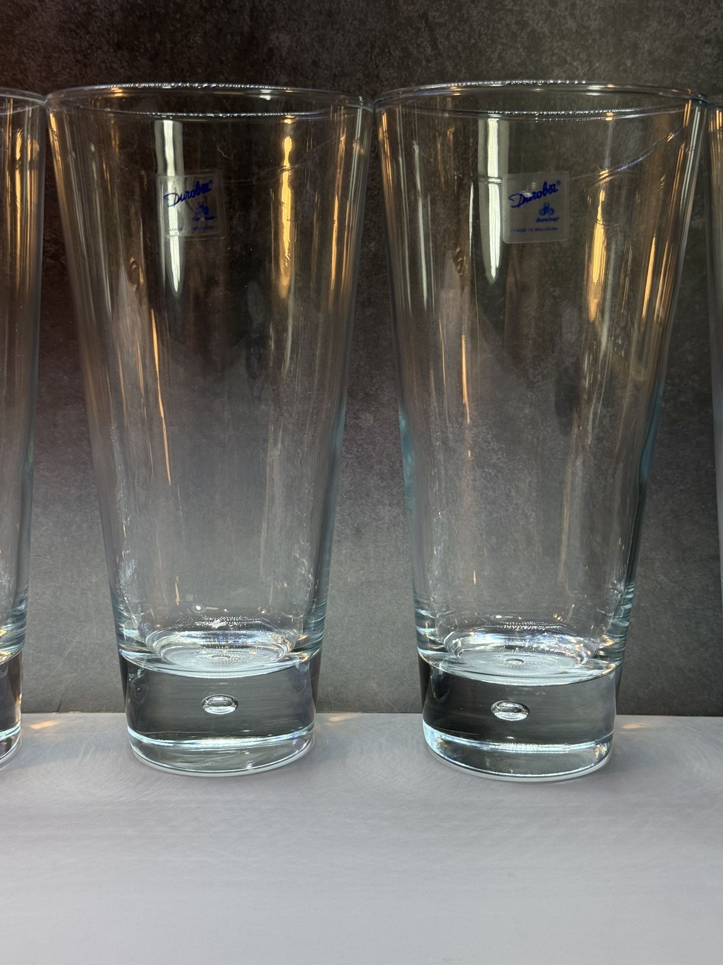 Set of (5) Rare Find,  Retired Tall Durobor Drinking Glasses.  Thick Glass/Bubble in Base. Made In Belgium. 