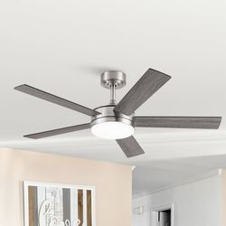 48" Modern Reversible 5-blade Brushed Nickel LED Ceiling Fan with Remote