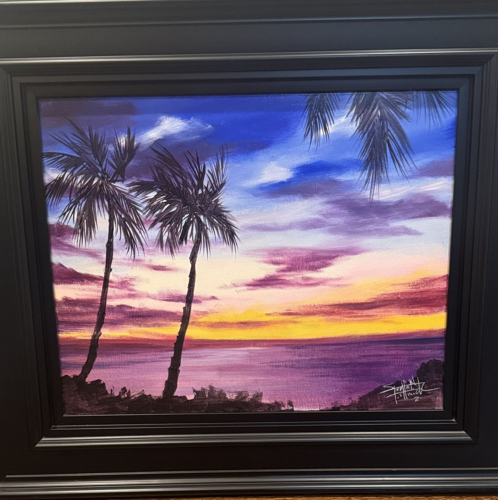 Fishwick Twin Palms at Dusk 2 2020 16" x 20" original painting, one of a kind COA