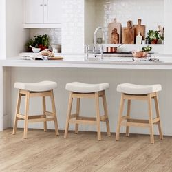 24''H Saddle Seat Counter Height Bar Stools, Beige (Set of 3)