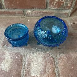 Vintage Blue Depression Carnival Style Glass 3 Footed Bowl Trinket Dish