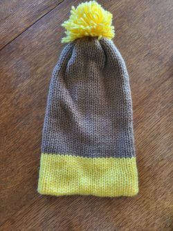 🧶 Handmade Knit Beanie Hat with Yellow Pom Pom 🧶