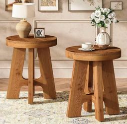 New assembled Set of 2 Round End Table, Farmhouse Solid Wood Side Table for Couch, Mid Century Modern Side Table with Heavy-Duty Leg, Wood Bedside Tab